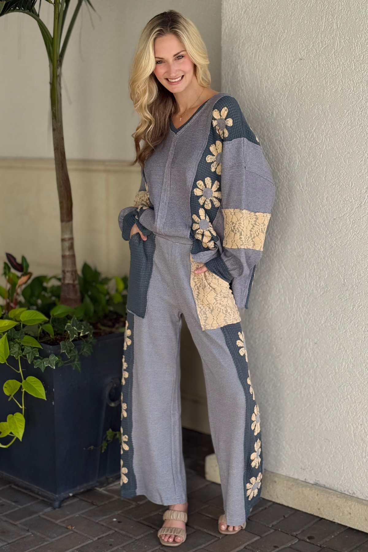 Slate Bloom Waffle Lace Wide Leg Pants side view