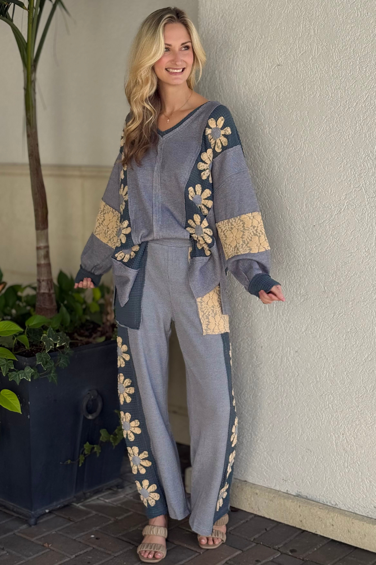 Wide leg waffle knit pants with lace patch pockets