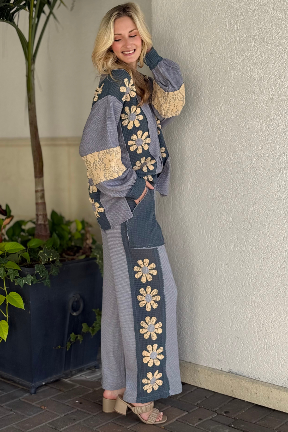 Textured boho knit pants with floral details