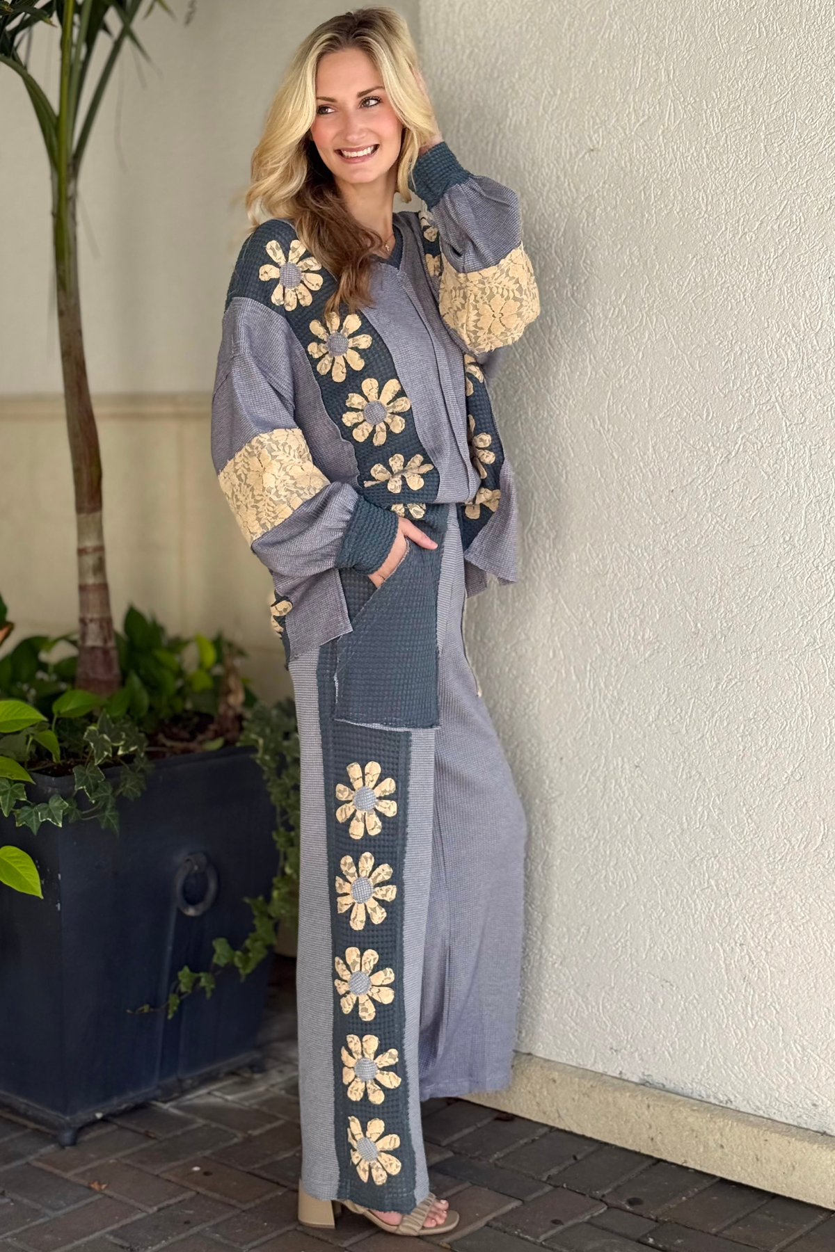 Slate blue wide leg pants styled with matching top