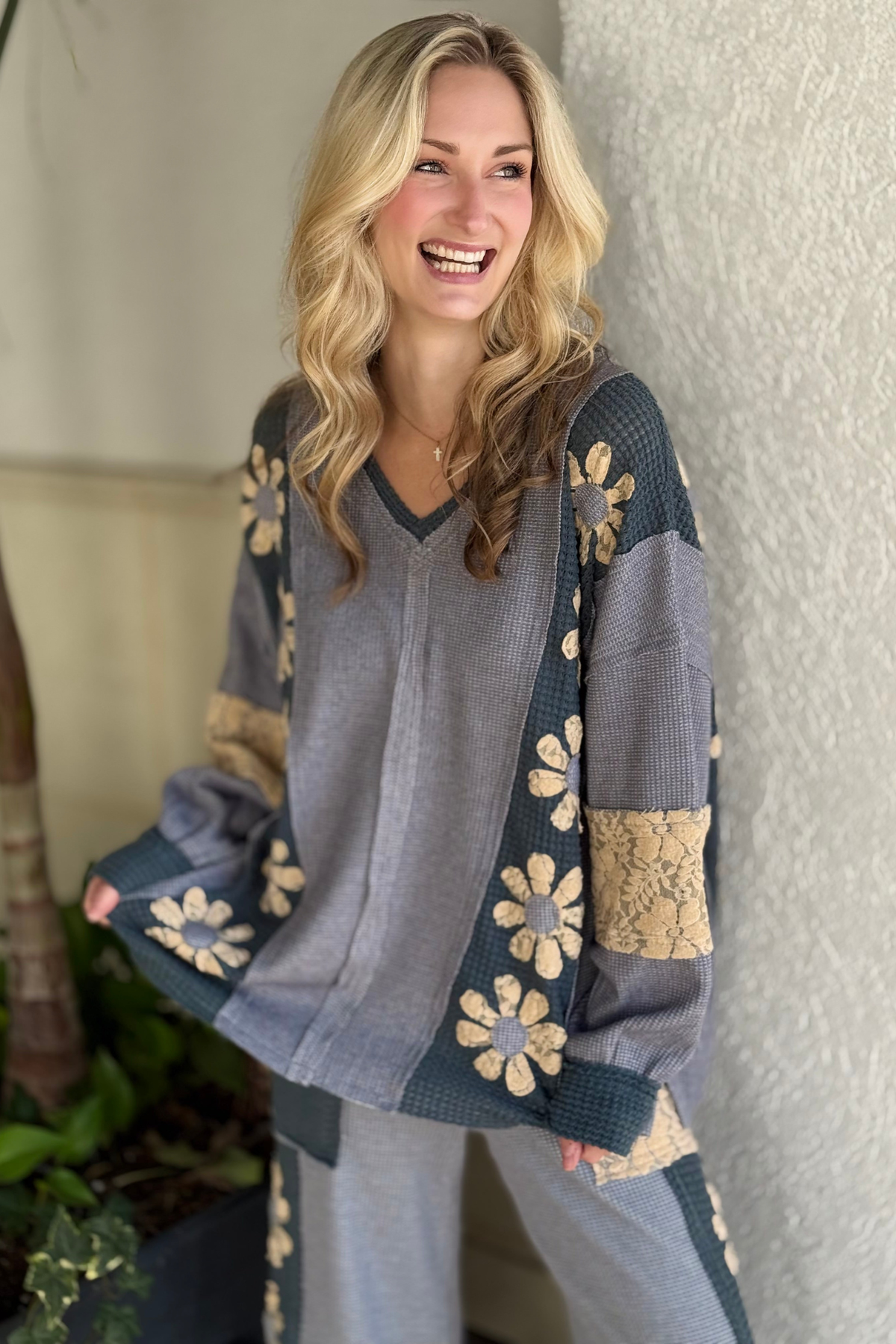 Slate Bloom Waffle Lace Sweatshirt front view