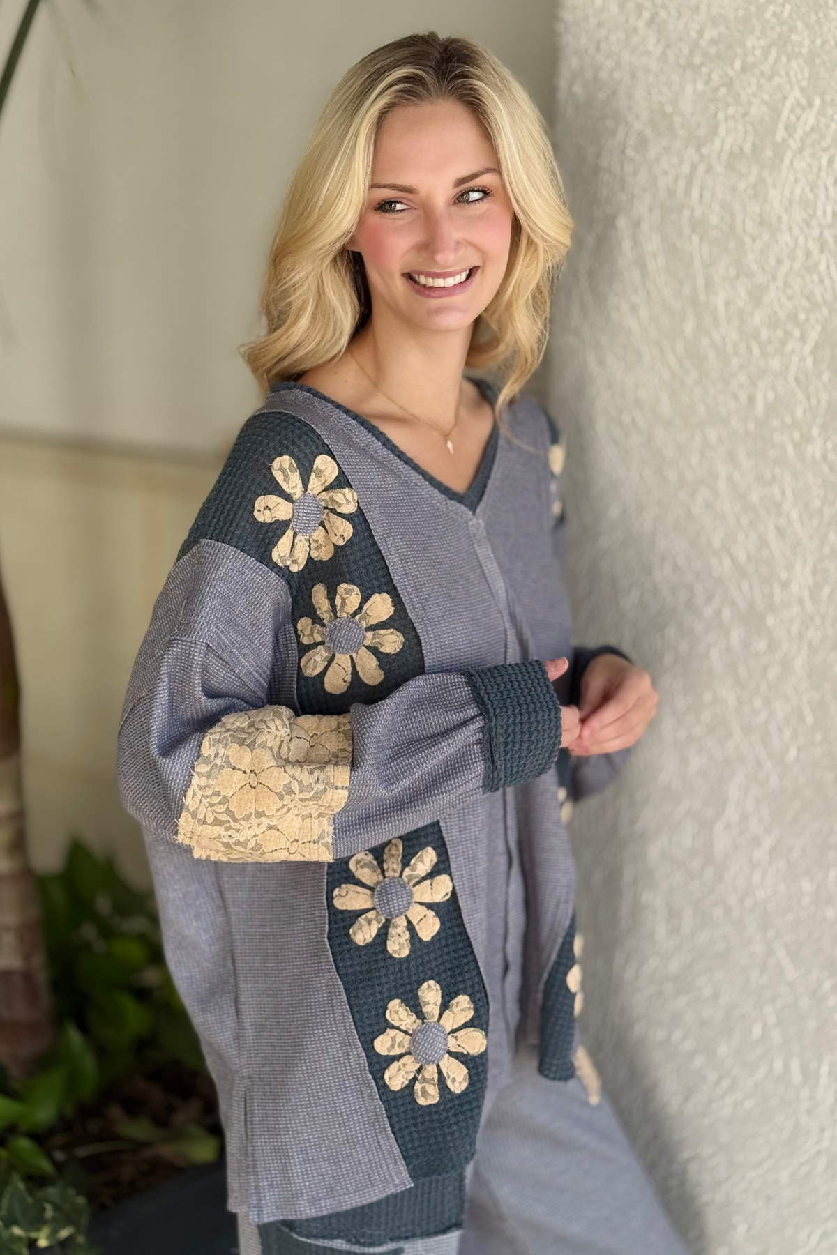 Relaxed fit boho sweatshirt in slate blue