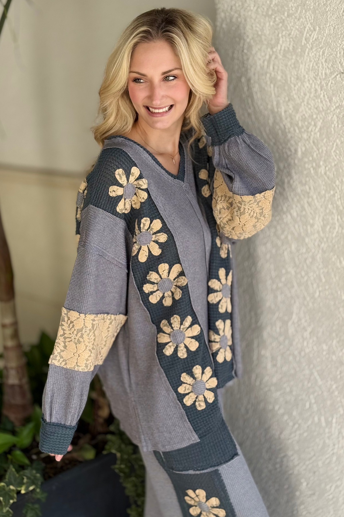 Waffle knit lace applique top styled with matching pants