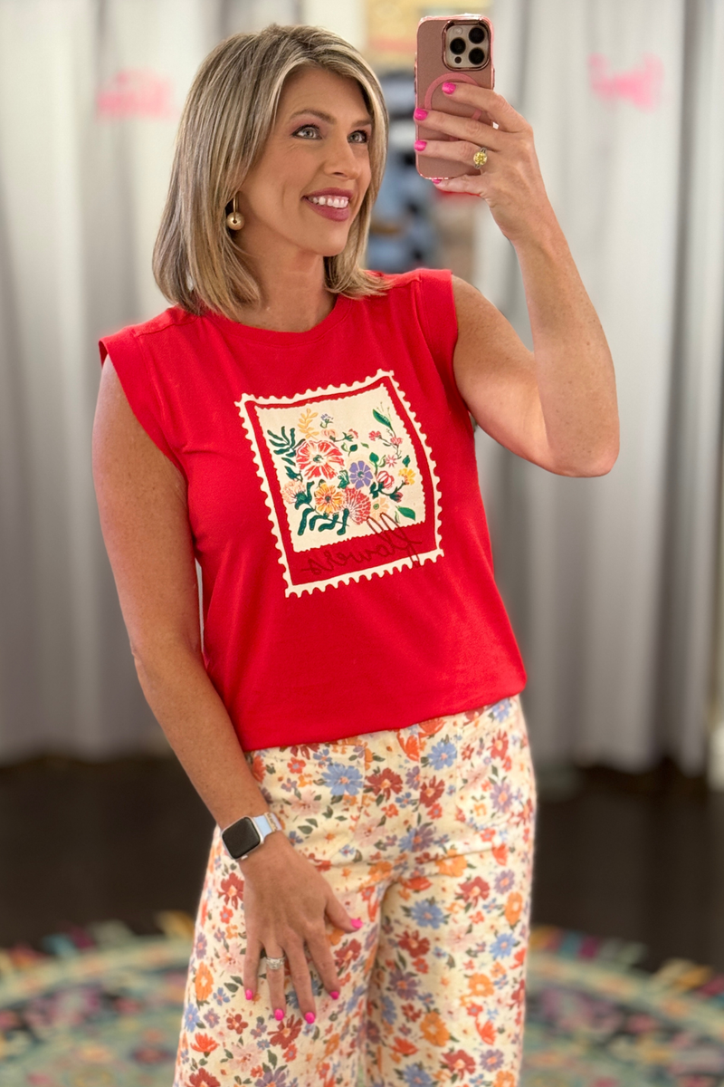 Boutique sleeveless red graphic top with flower embroidery
