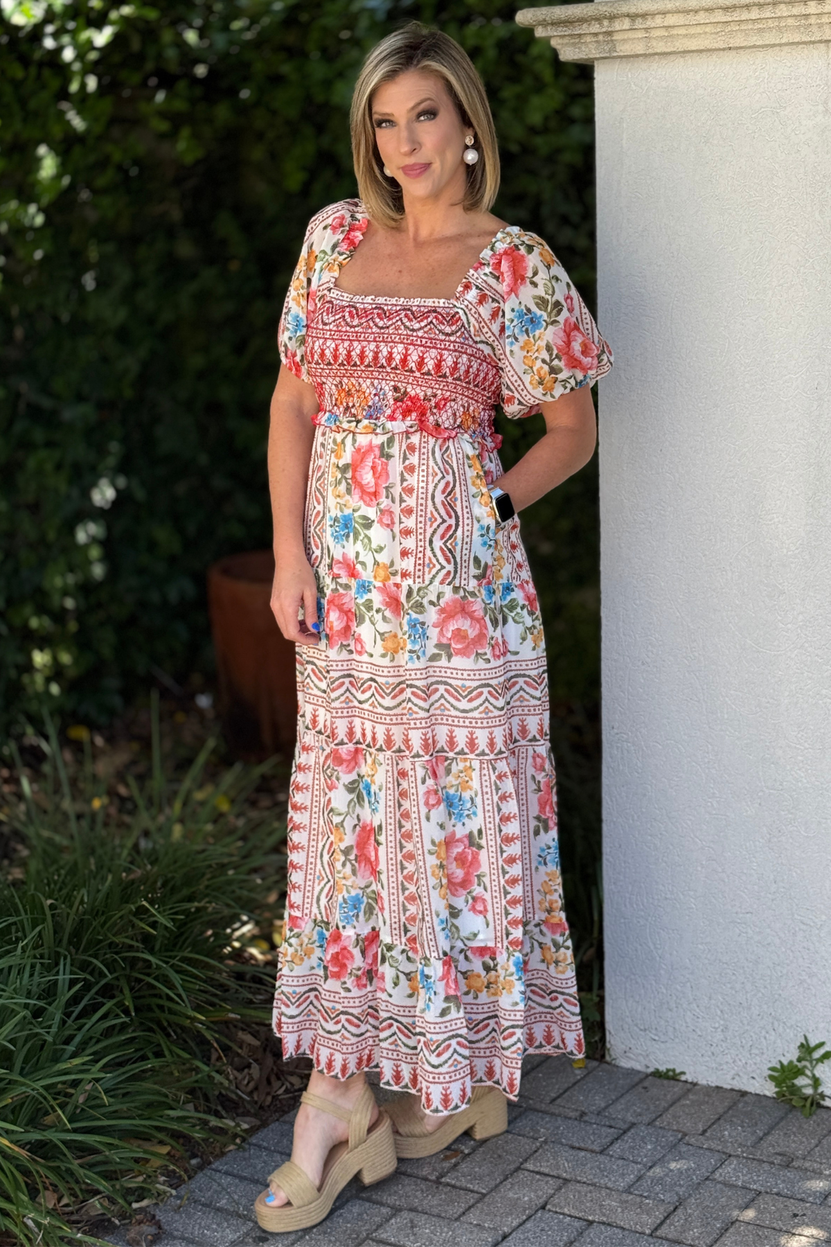 casual floral maxi dress front view smocked bodice