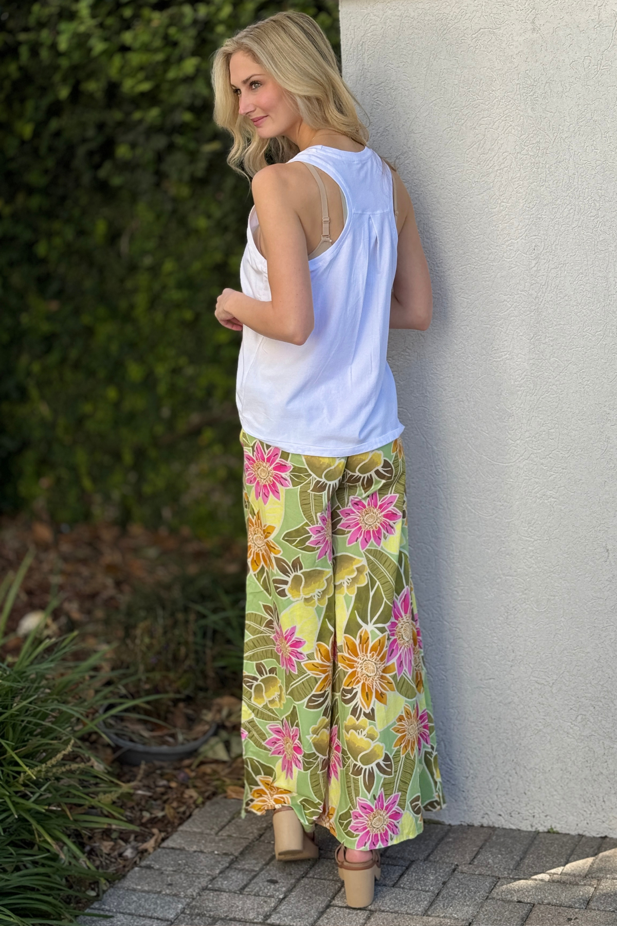 Green and pink floral wide leg pants side view
