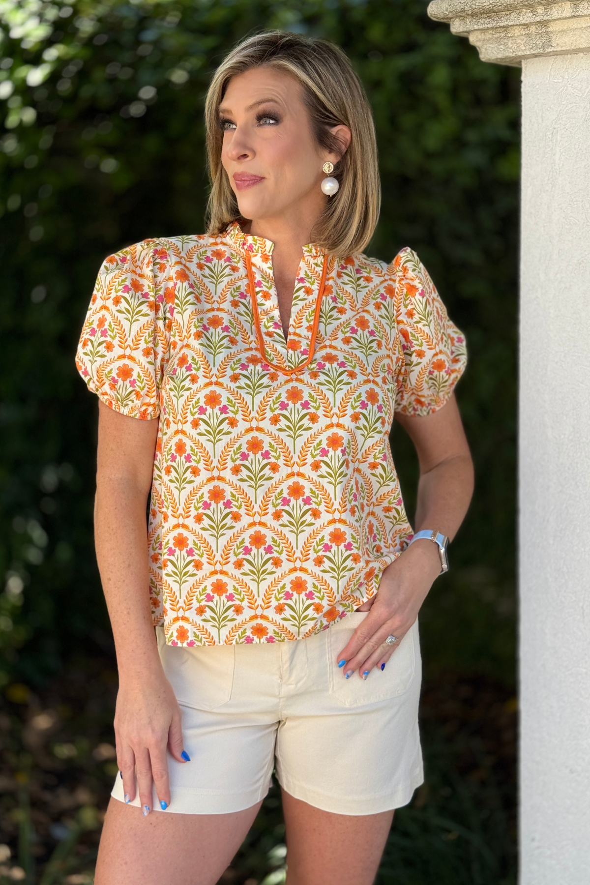 ruffle neckline v front woven blouse