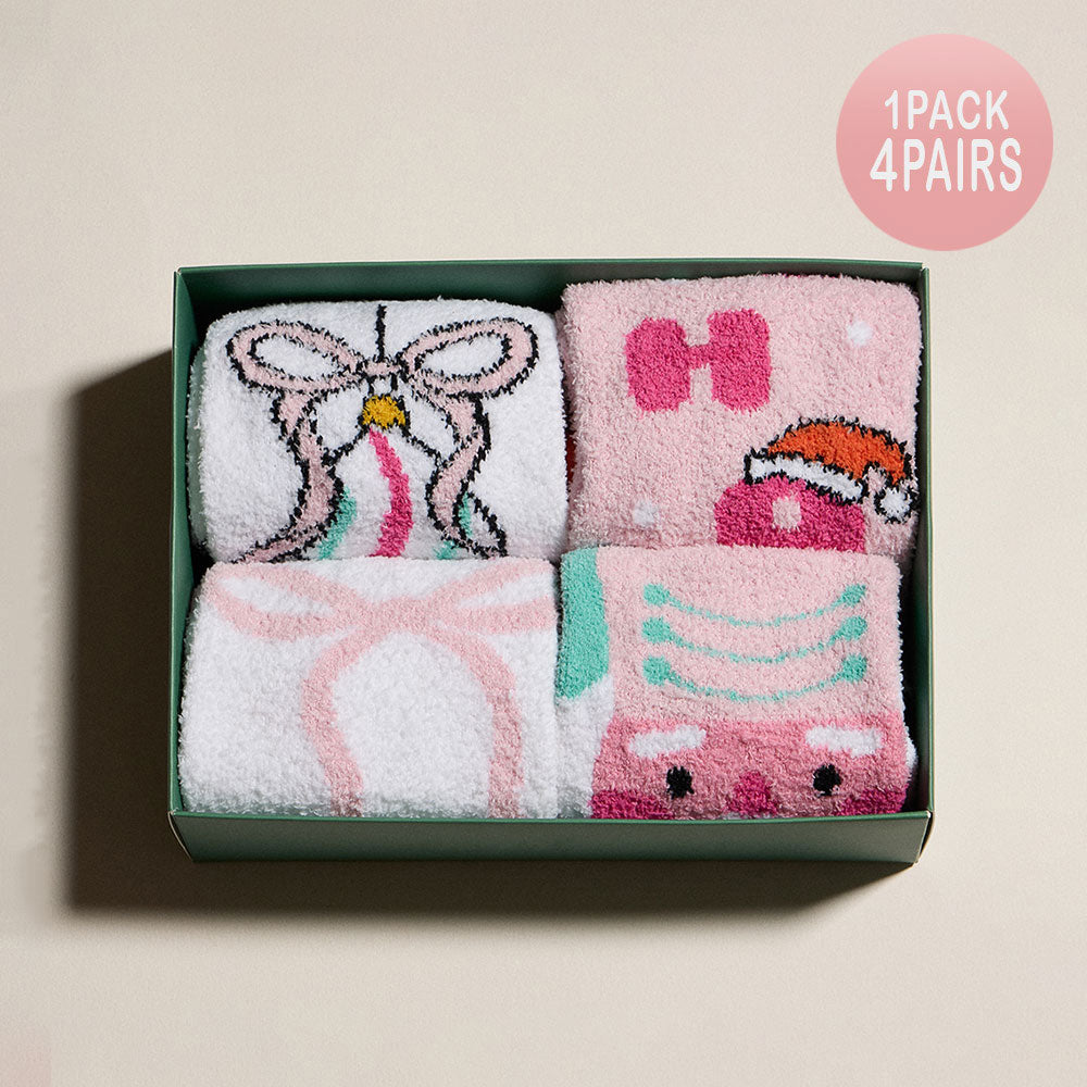 Four-pair fuzzy Christmas sleep socks featuring bow, HO HO HO, and nutcracker holiday prints.
