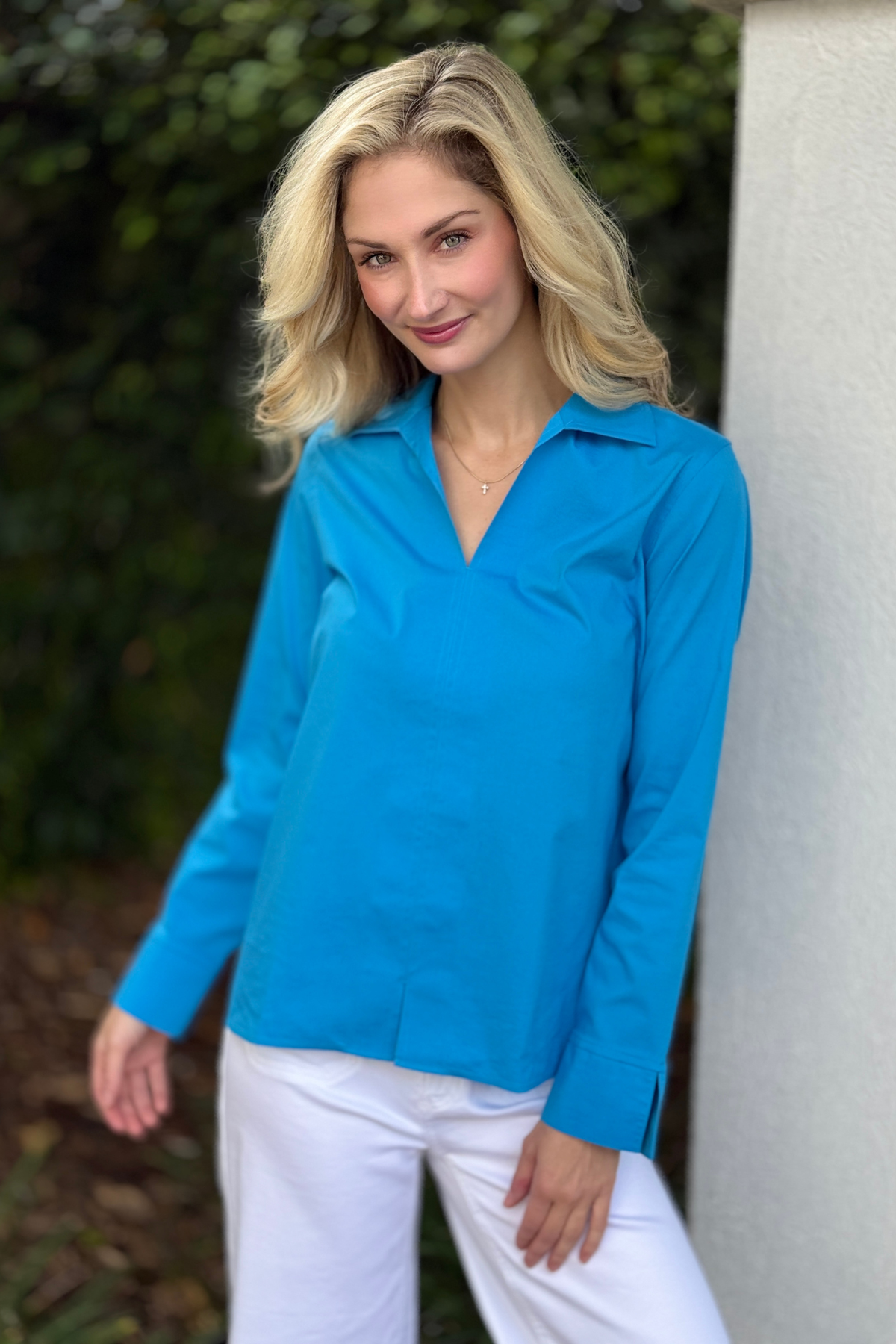 Malibu blue Foxcroft long sleeve popover blouse with wing collar