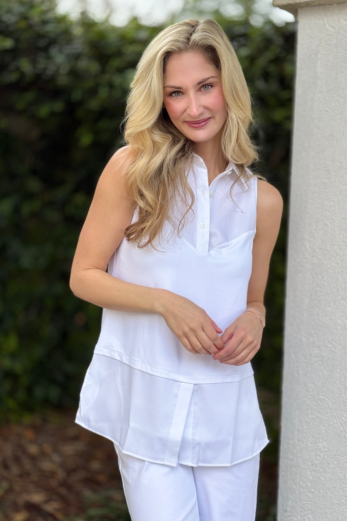 Foxcroft Sasha white sleeveless layering tunic front view