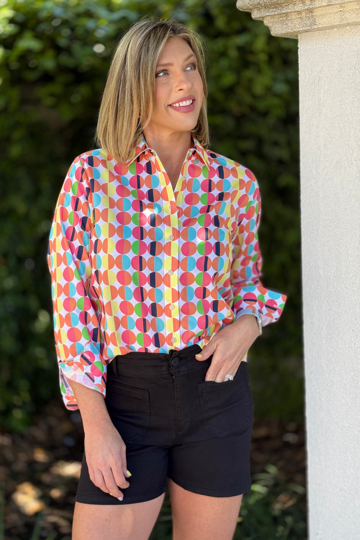 colorful retro print Foxcroft blouse front view