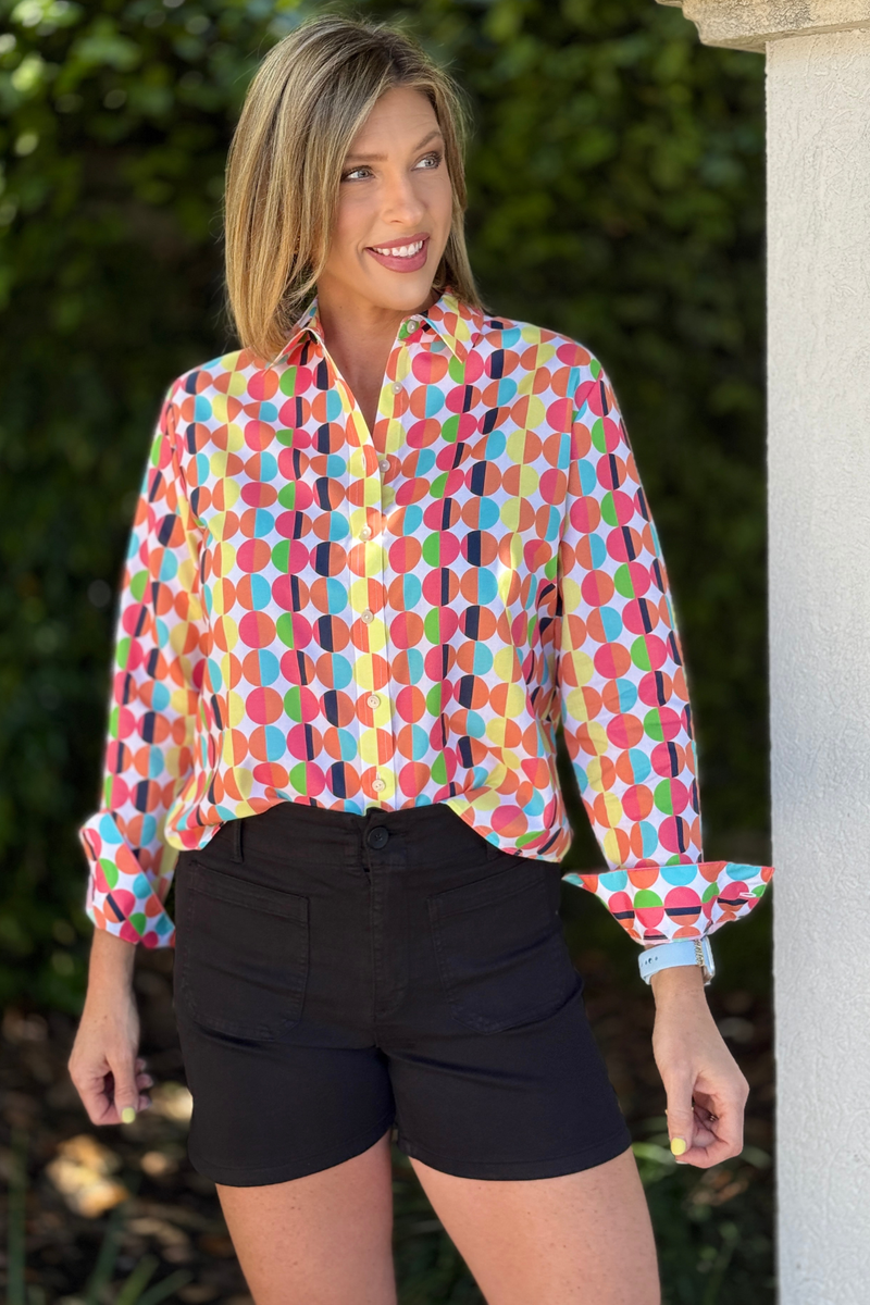 Foxcroft Jodie blouse back view multicolor pattern