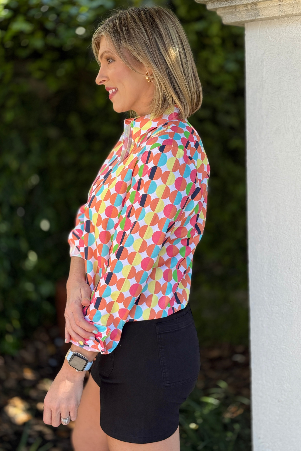 long sleeve cotton poplin blouse with geometric print