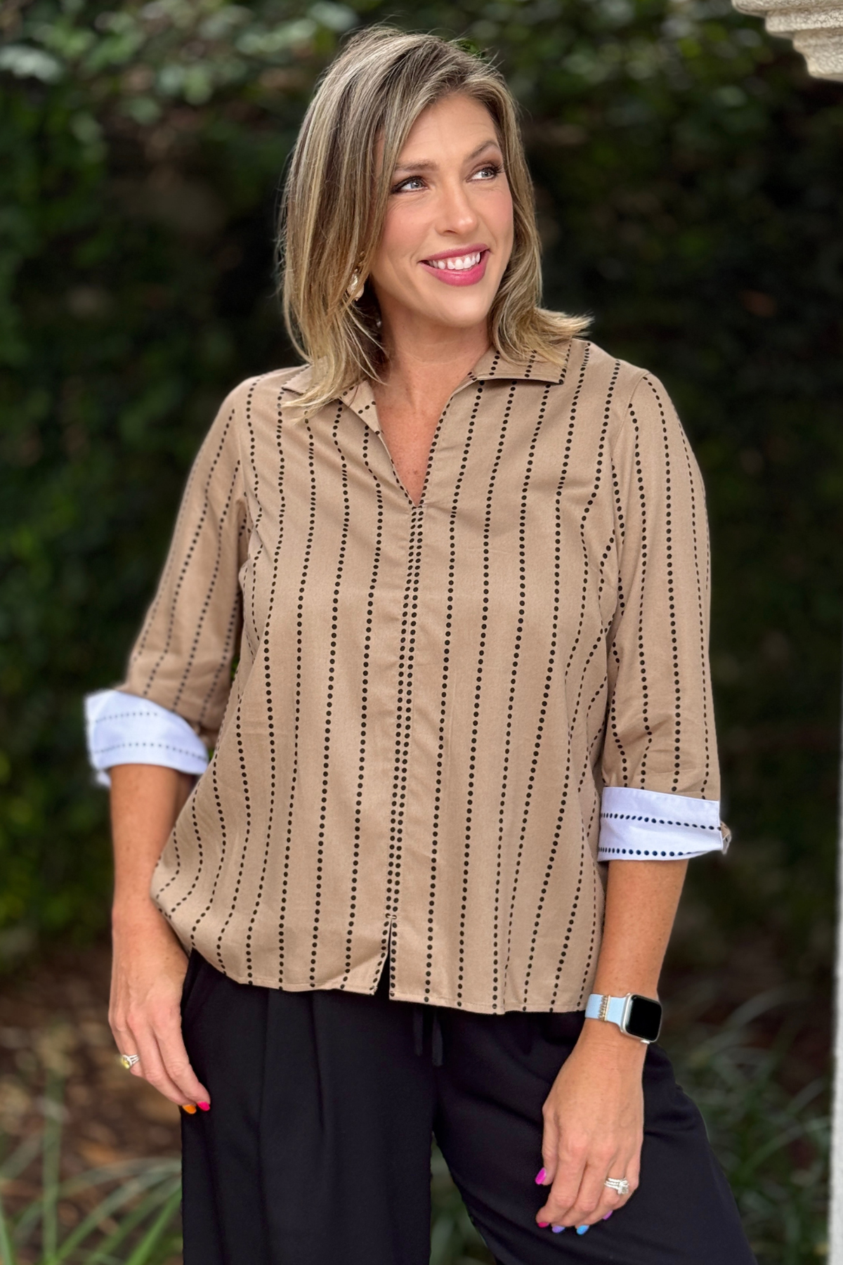 Foxcroft Agnes dotted stripe top in almond