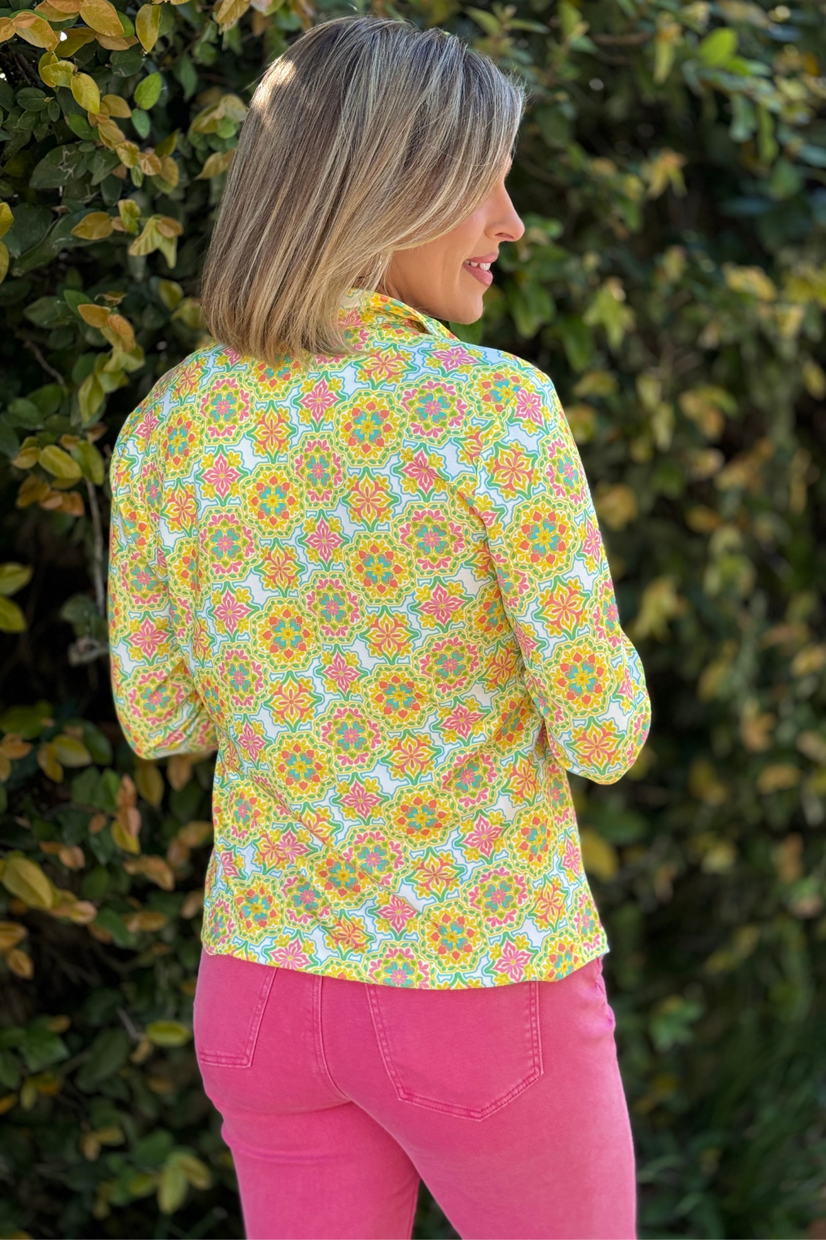relaxed fit colorful top with geometric tile design