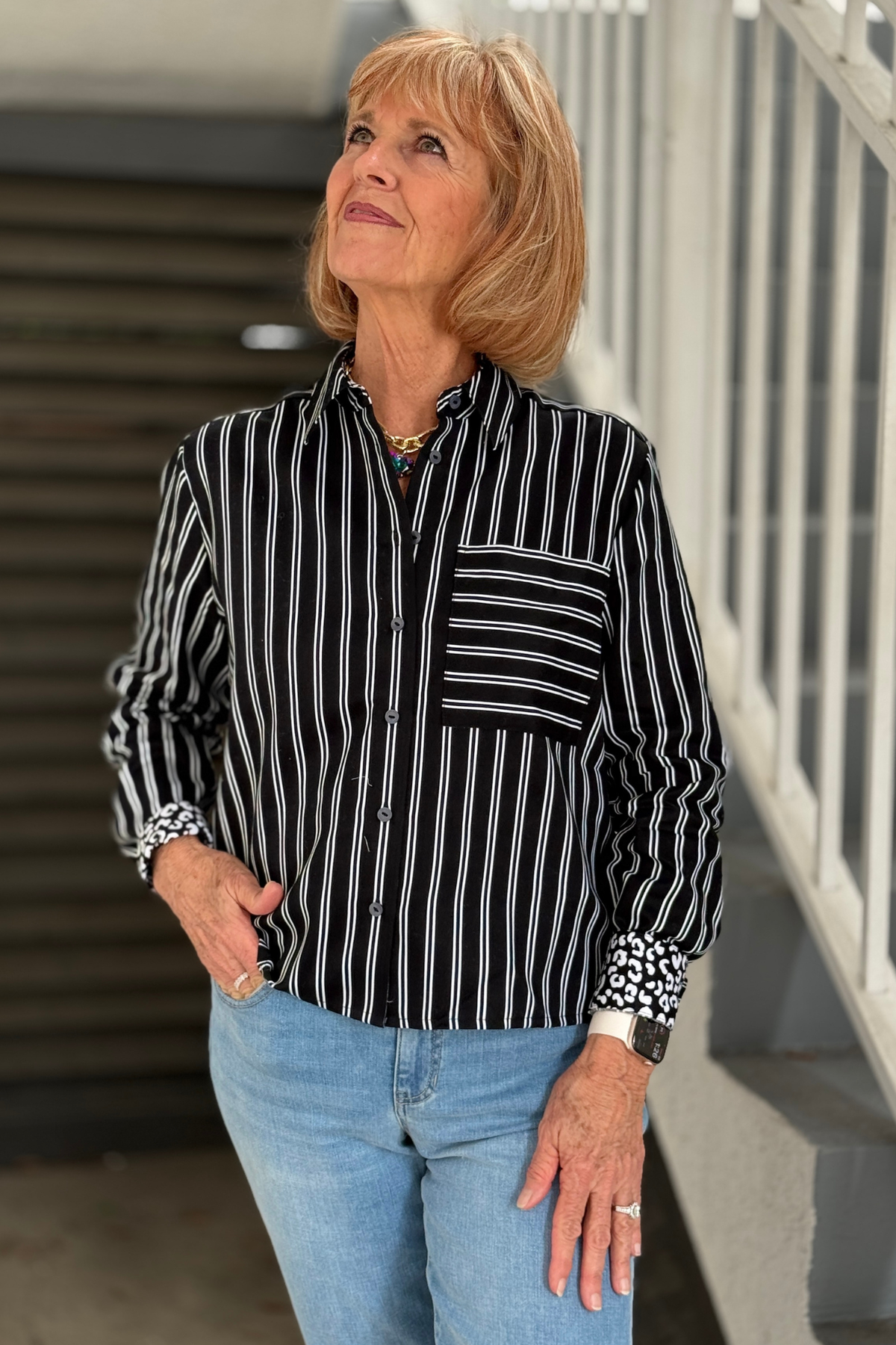 Foxcroft Jodie black and white striped button down shirt with animal print cuffs