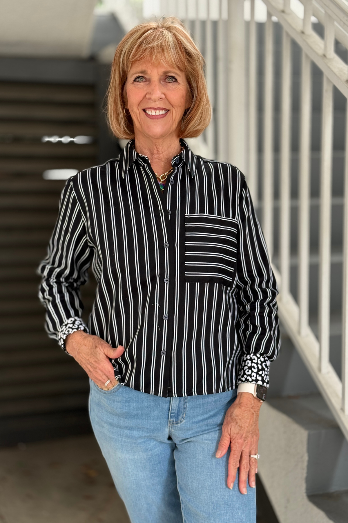 Foxcroft Jodie long sleeve striped button down with directional chest pocket