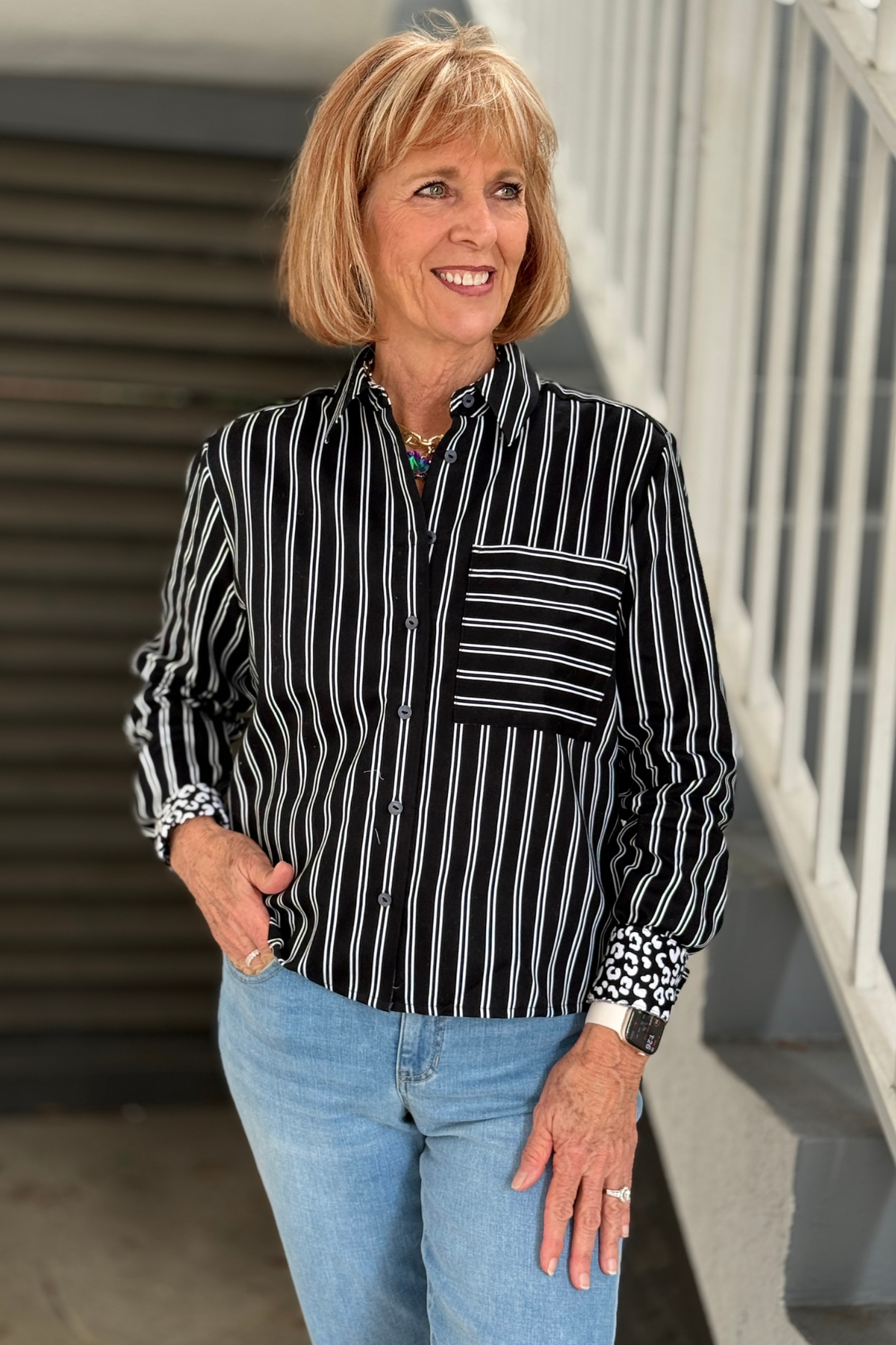 Side view of Foxcroft Jodie black and white striped cotton shirt