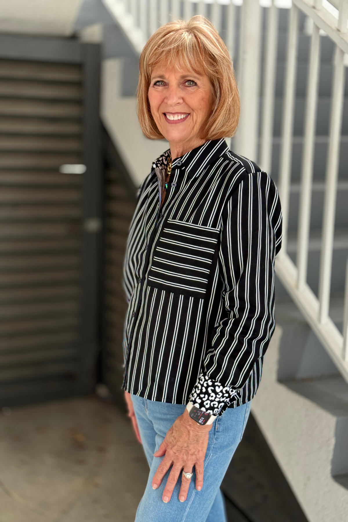 Foxcroft striped button down featuring hidden animal print collar and cuffs