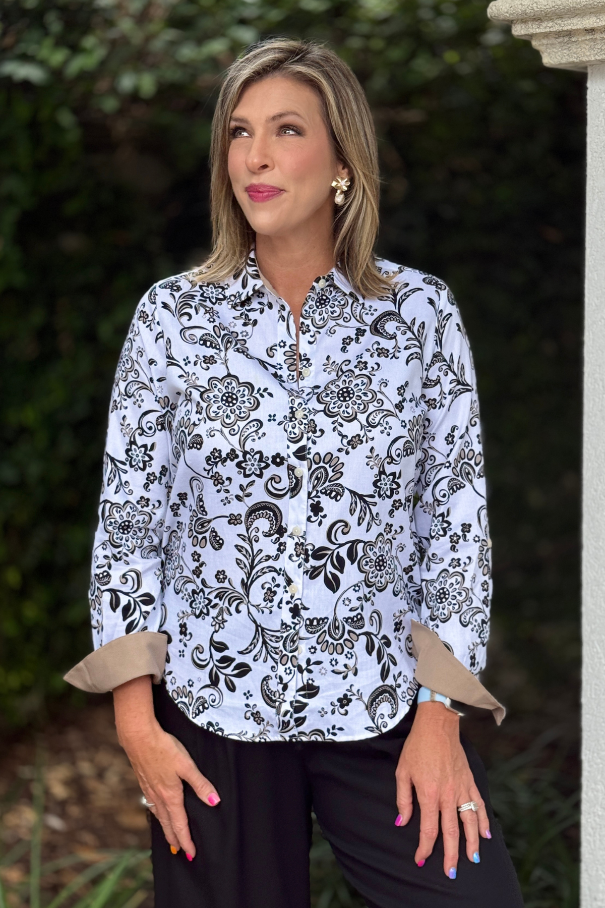 Women's floral Foxcroft blouse with black and khaki abstract print