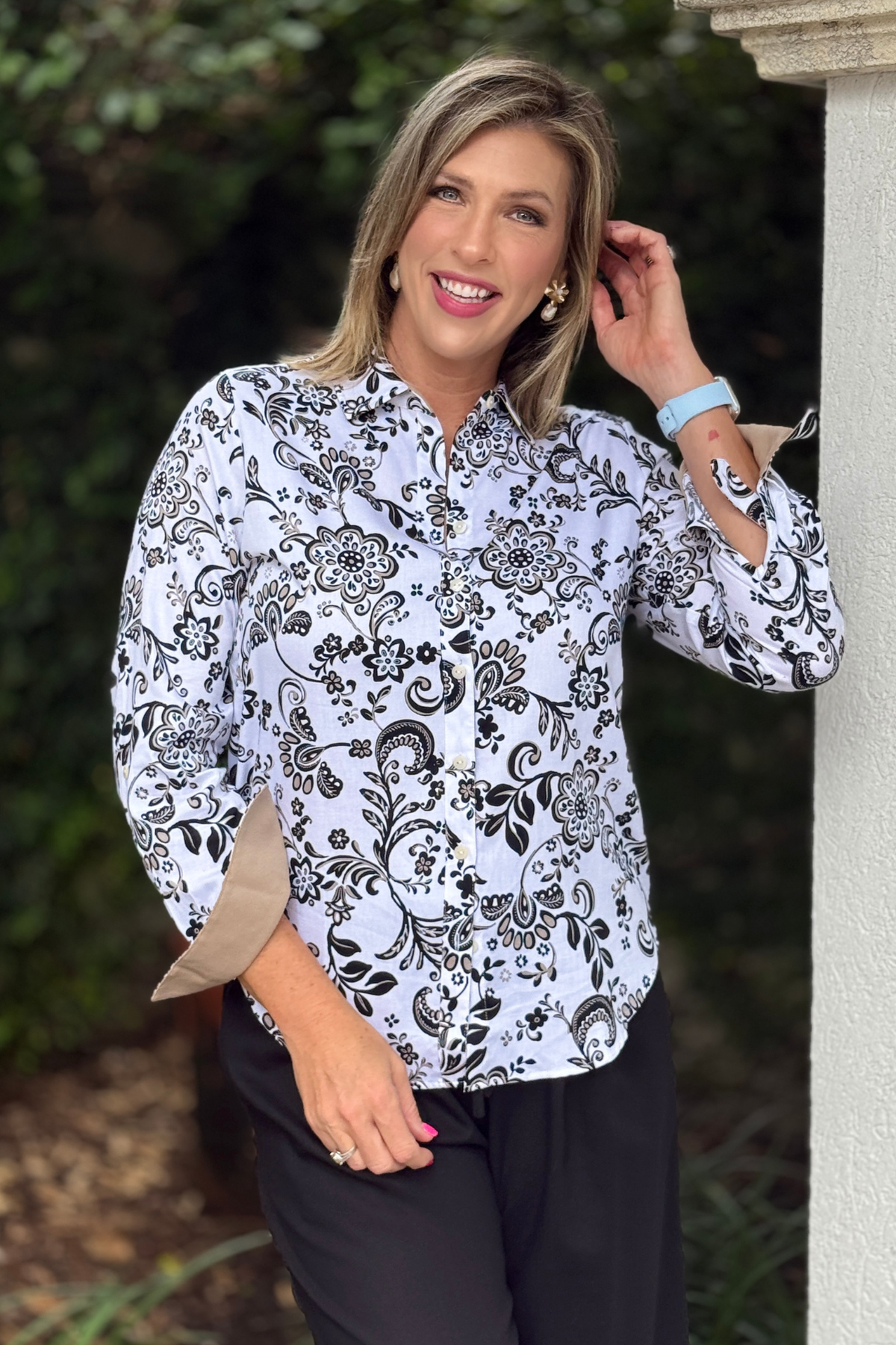 Foxcroft cotton sateen button front shirt with roll tab sleeves