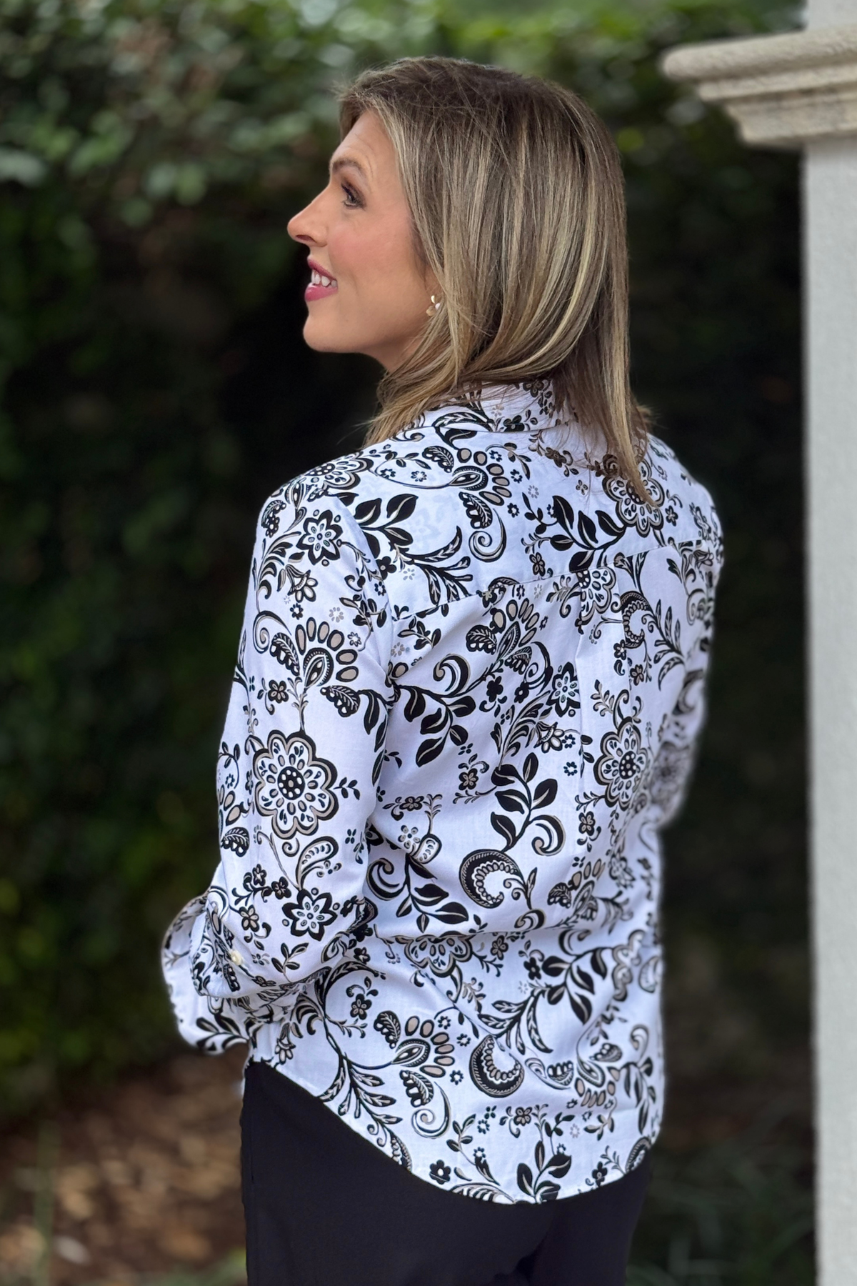 White multi abstract daisy print blouse for women