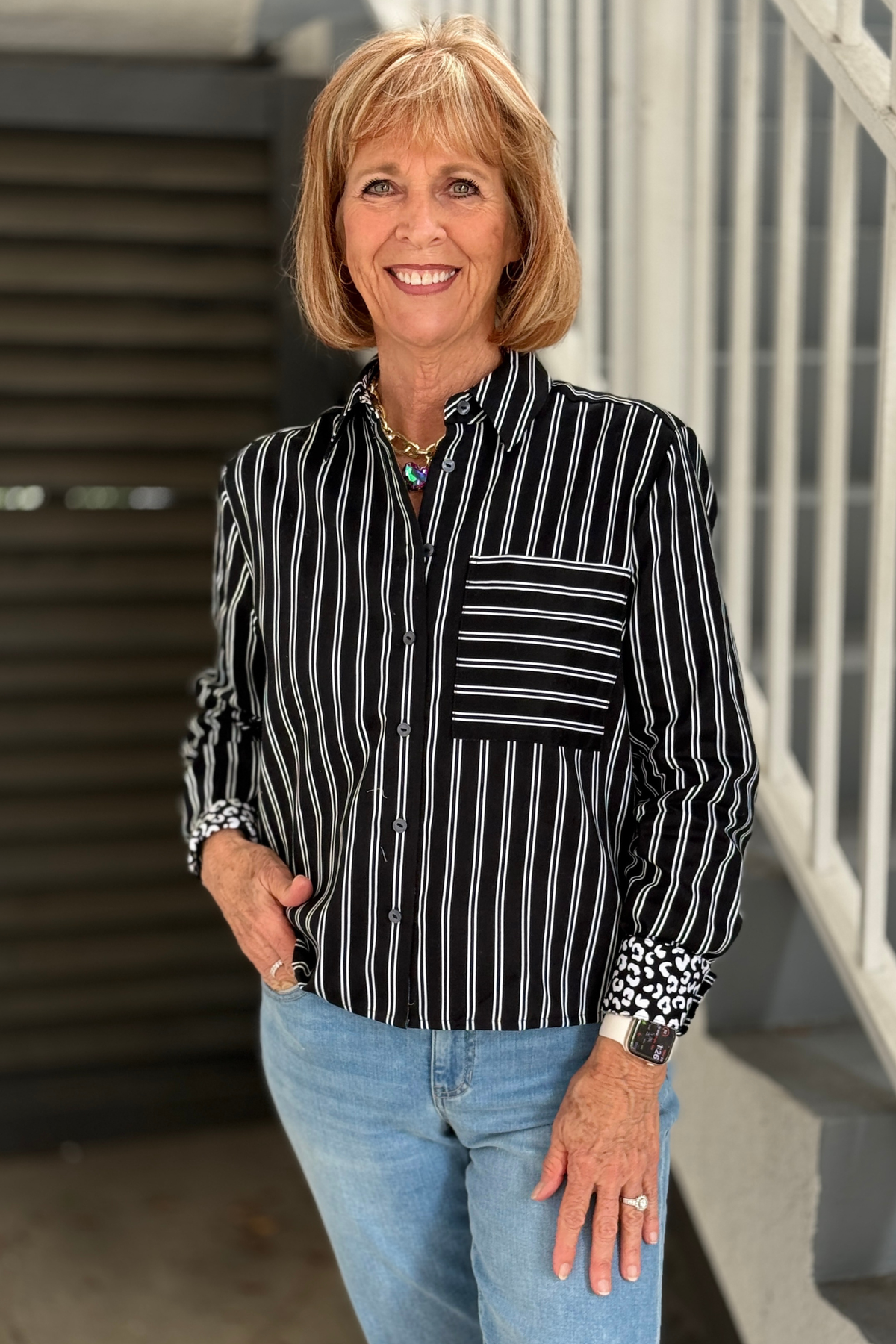 Women’s Foxcroft striped shirt with contrast animal print cuff detail