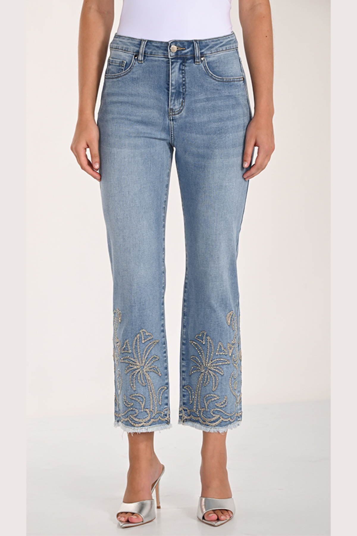 Frank Lyman embroidered cropped jeans with gold tropical floral detail