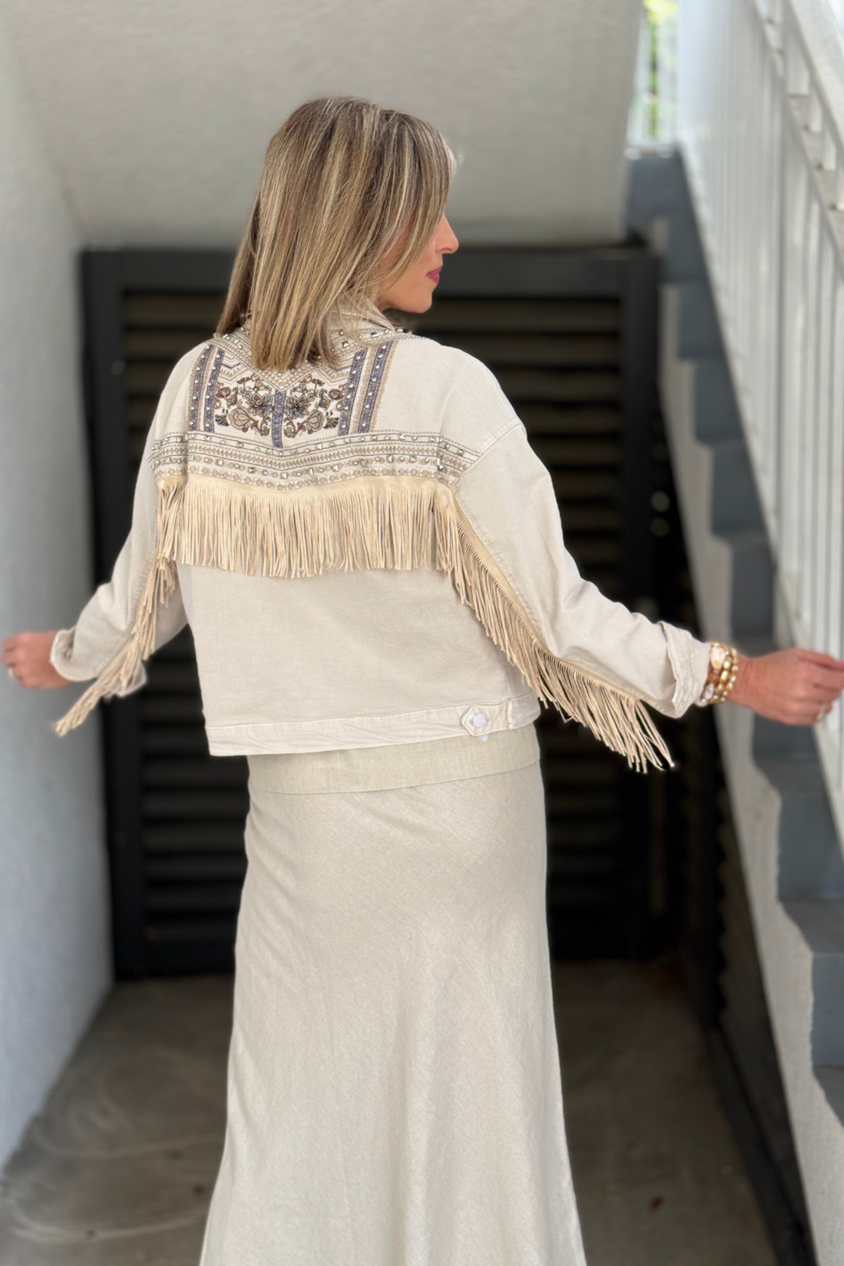 Frank Lyman embellished fringe denim jacket for women