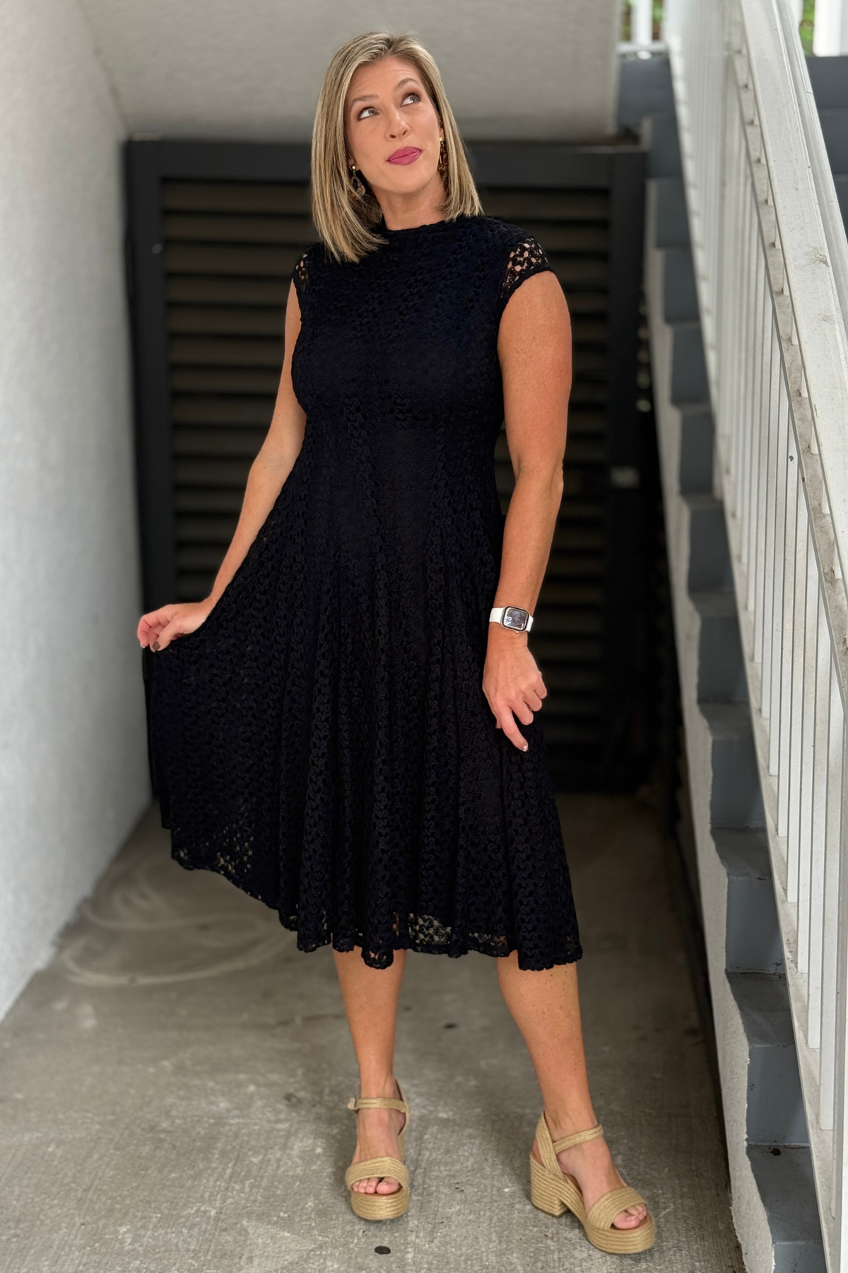 Frank Lyman Black Lace Midi A-Line Dress full length front view
