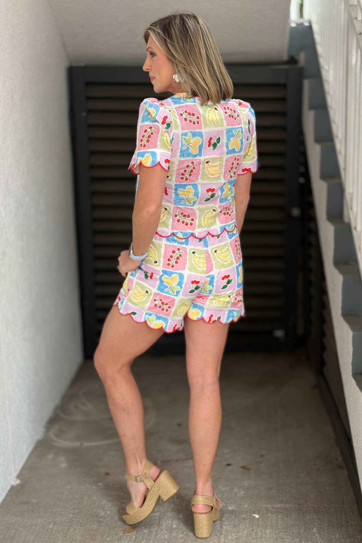 matching fruit print shorts front and back view