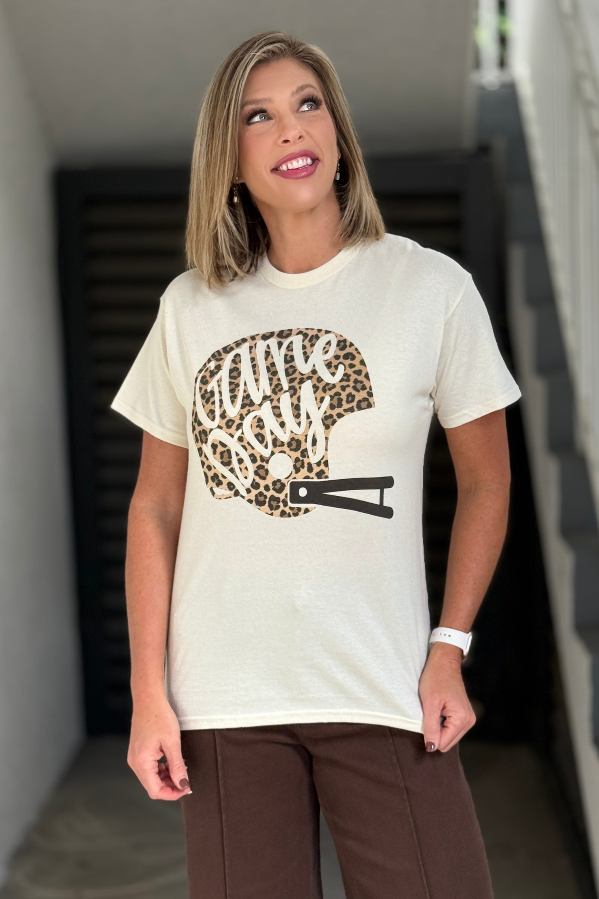 Leopard print football helmet Game Day shirt for women