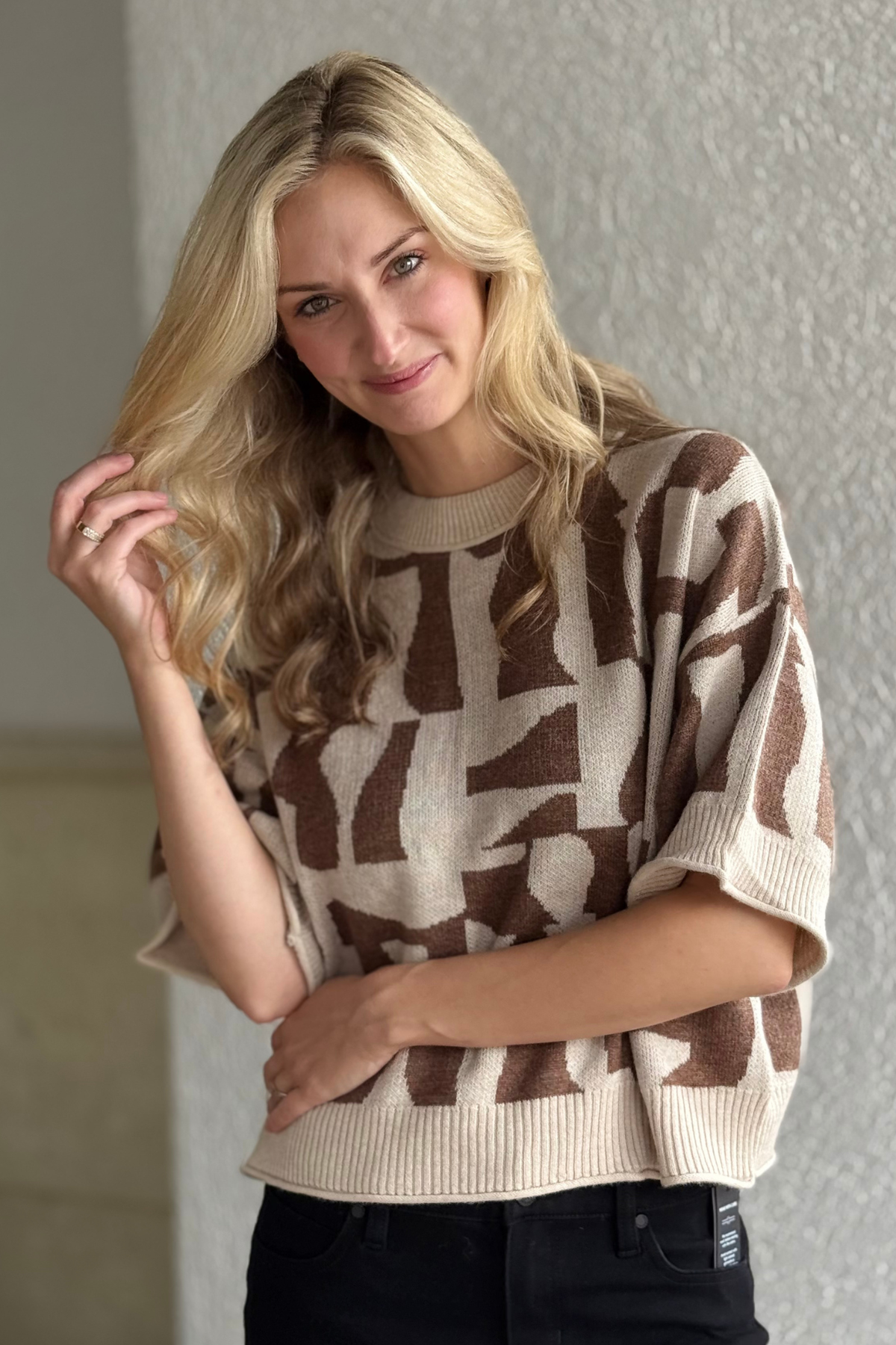 Better Than Basic Abstract Sweater in brown and cream geometric knit