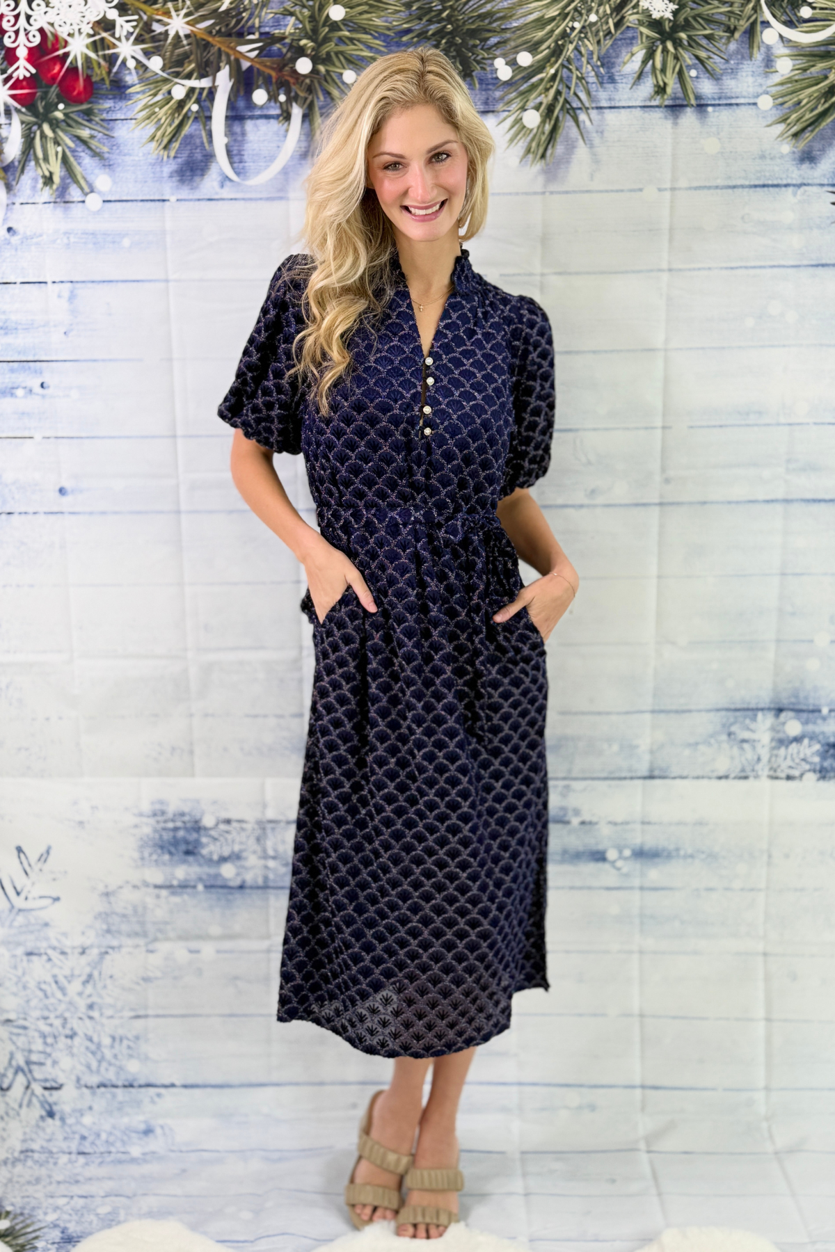 Holiday pearl button metallic burnout midi dress in navy