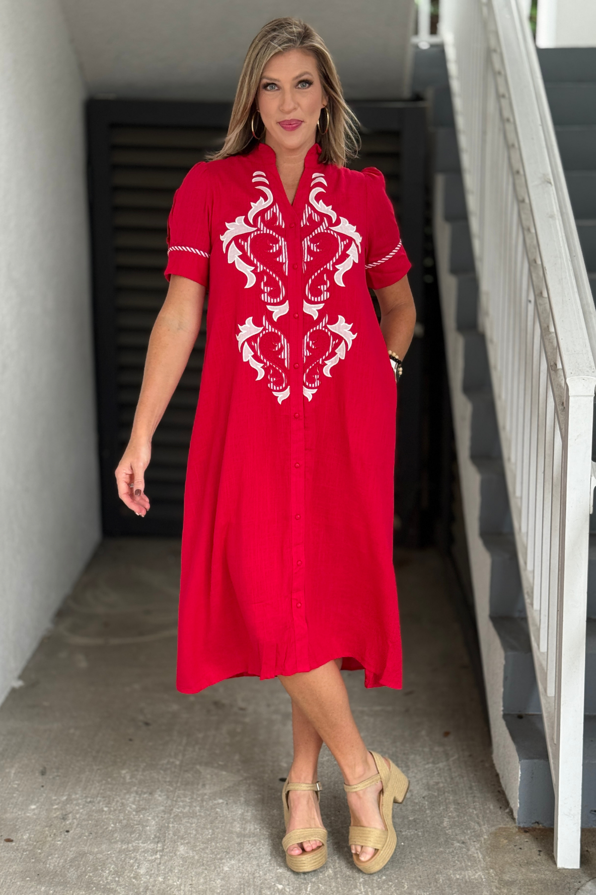 Lined red linen button down midi dress back view