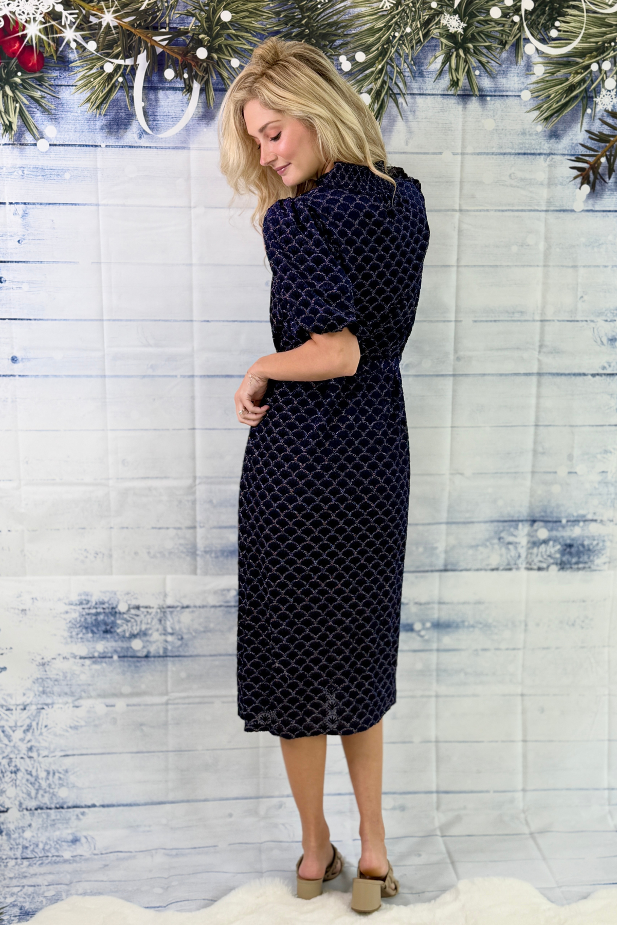 Boutique metallic burnout midi dress for Christmas events