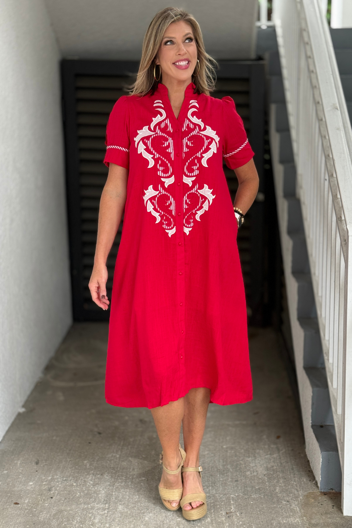 Embroidered Scroll Linen Button Down Midi Dress in Red front view