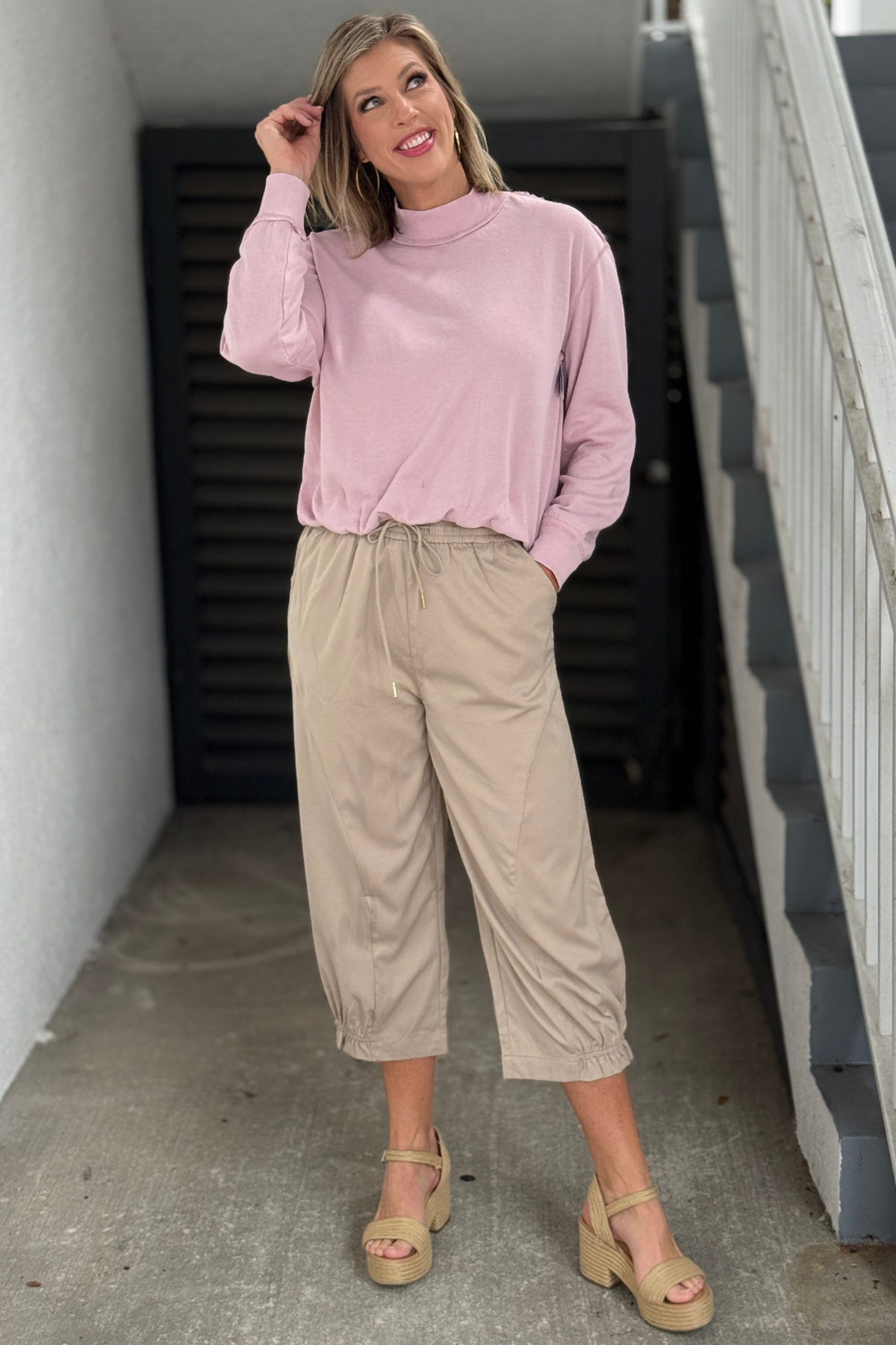Gathered Ankle Balloon Pants in Khaki front view