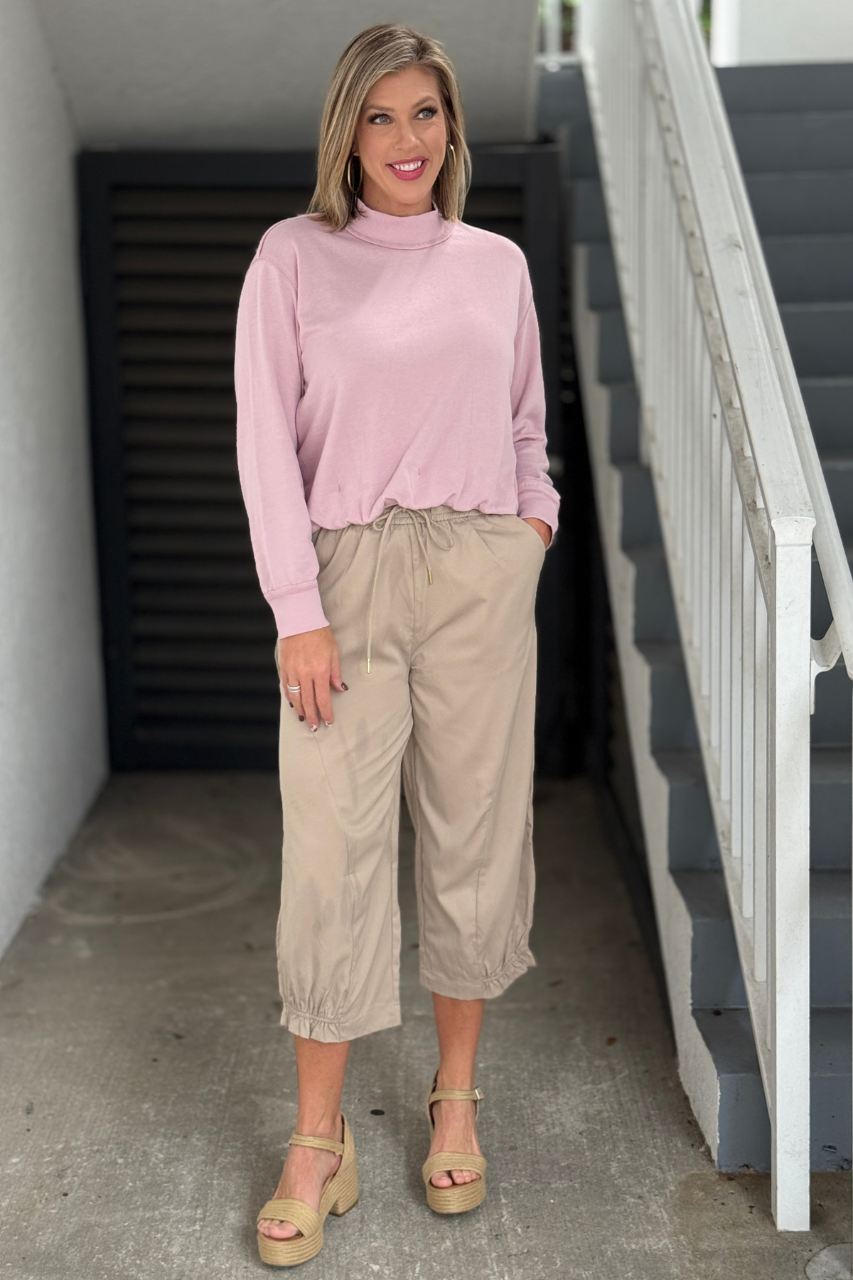 Women’s khaki balloon pants with elastic drawstring waistband