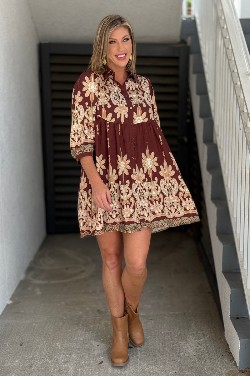 Brown floral paisley shirt dress with 3/4 sleeves