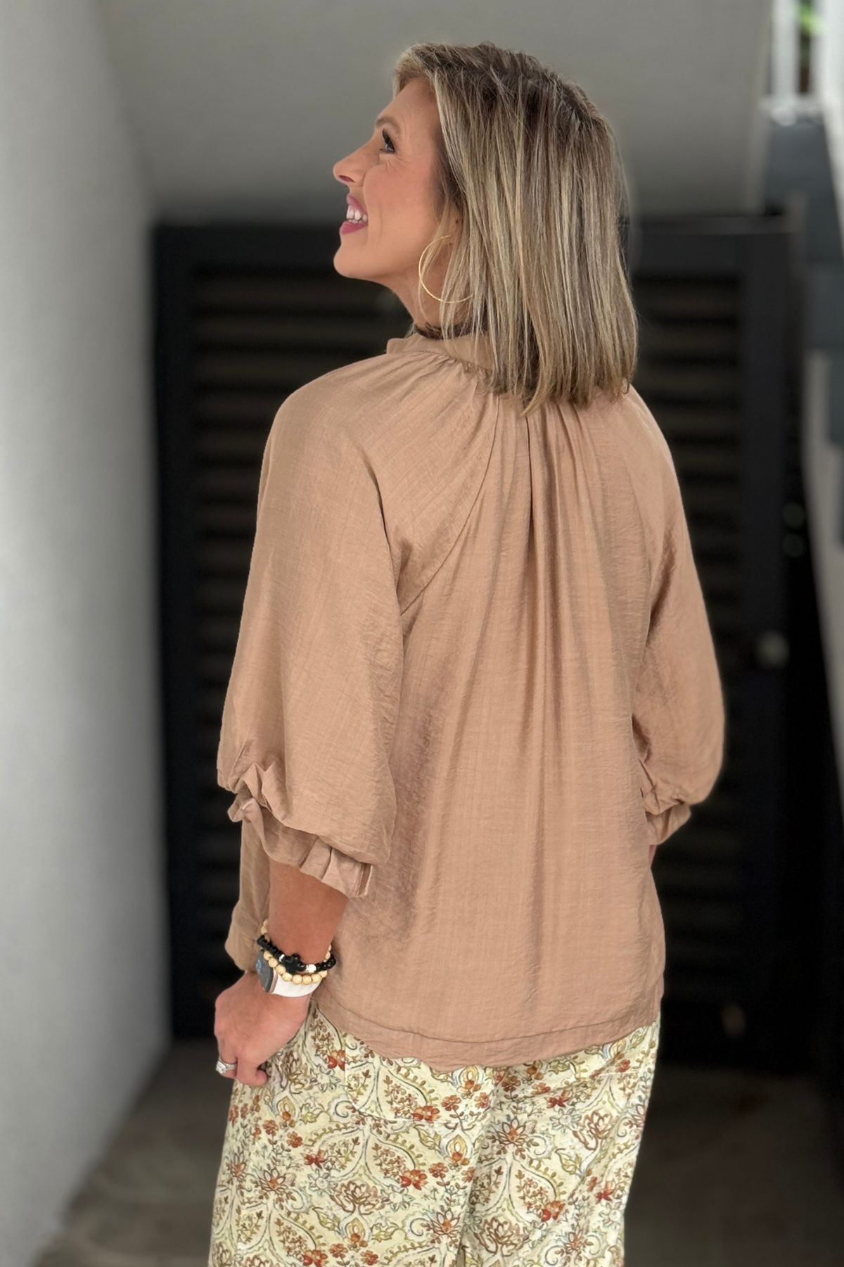 Taupe scalloped hem blouse with gathered sleeve detailing