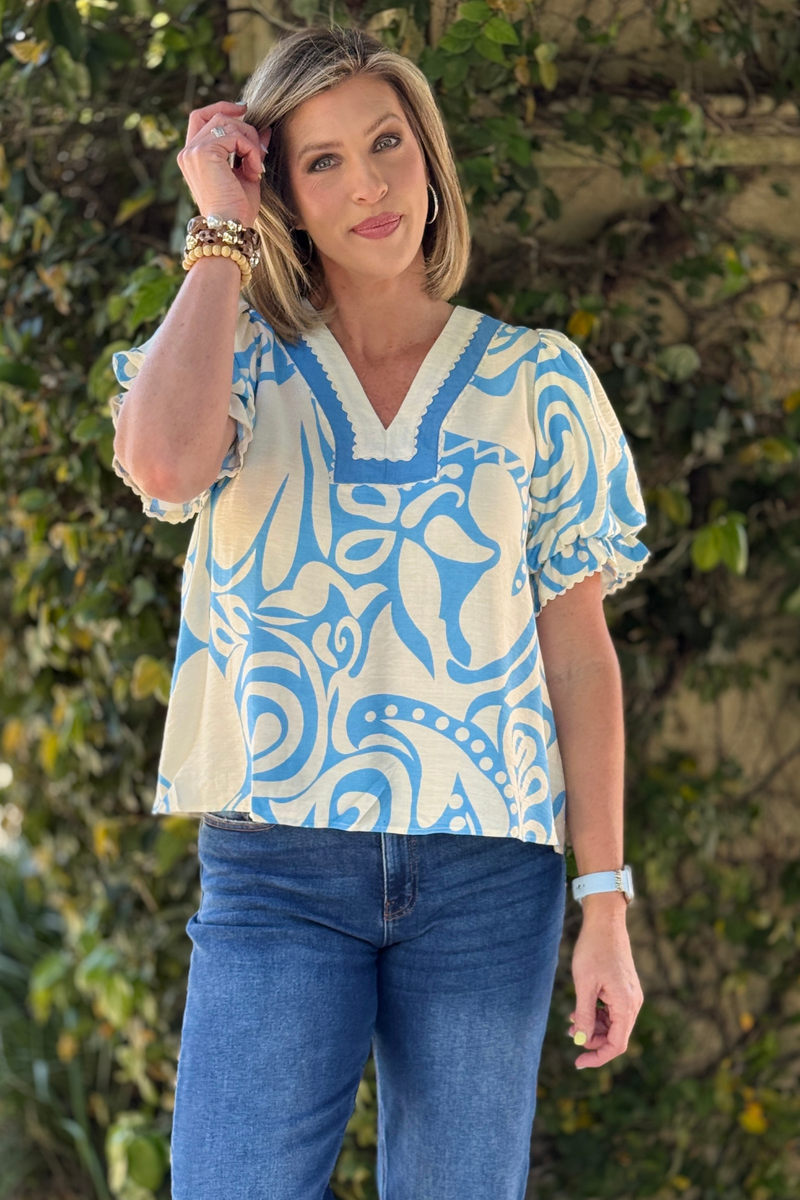 blue patterned top with balloon sleeves women