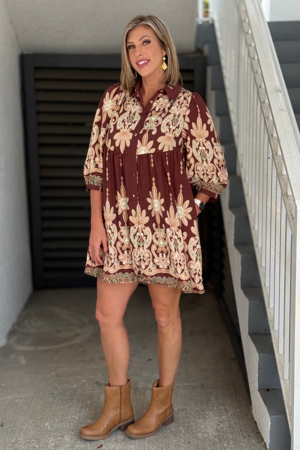 Women's brown border print button front dress