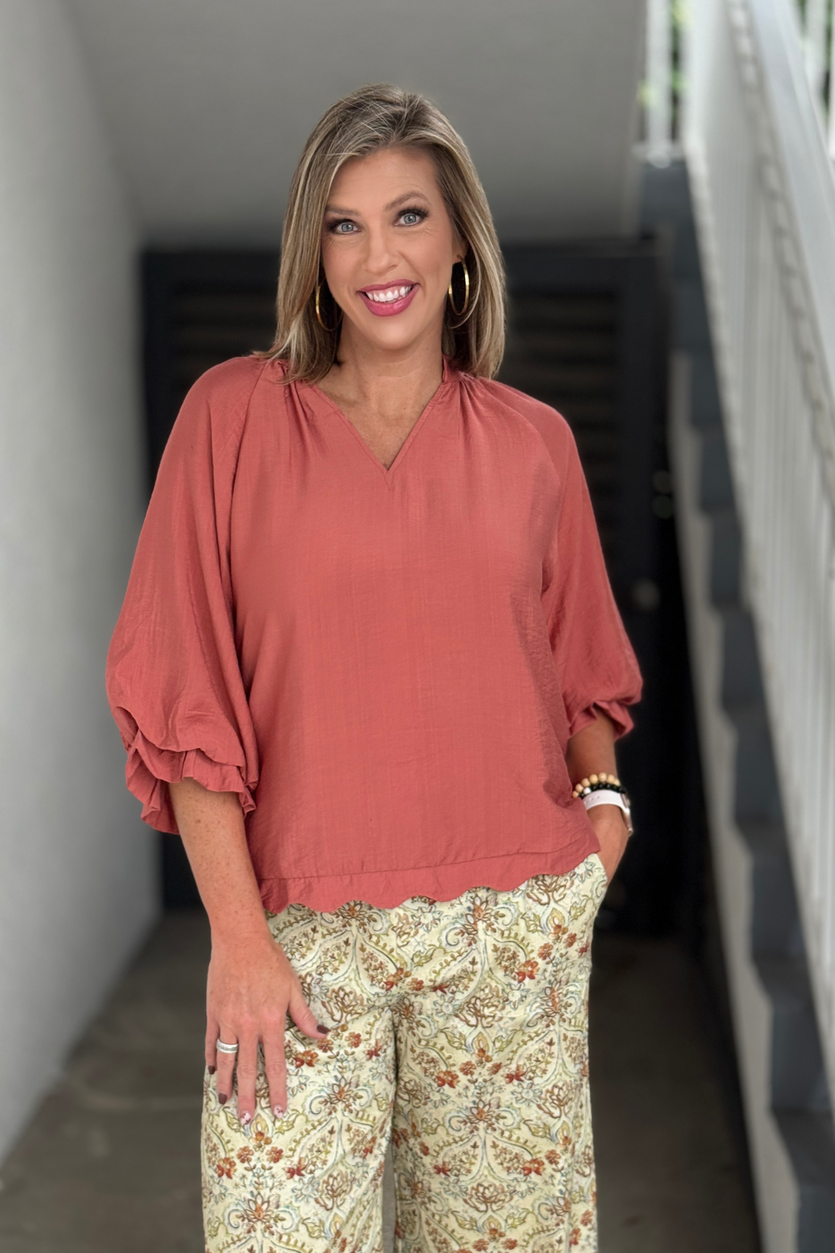 Scalloped Edge V-Neck Blouse in Canyon Clay front view