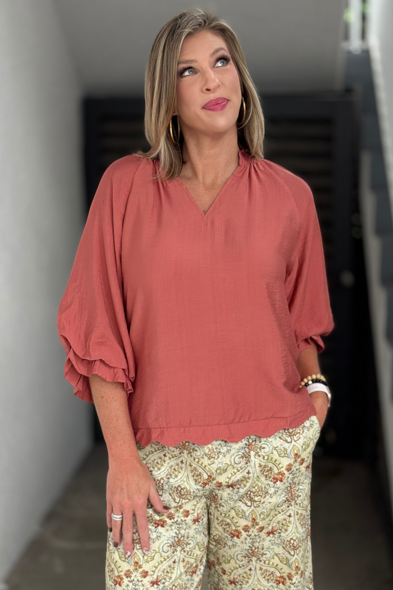 Canyon clay relaxed fit blouse with 3/4 balloon sleeves