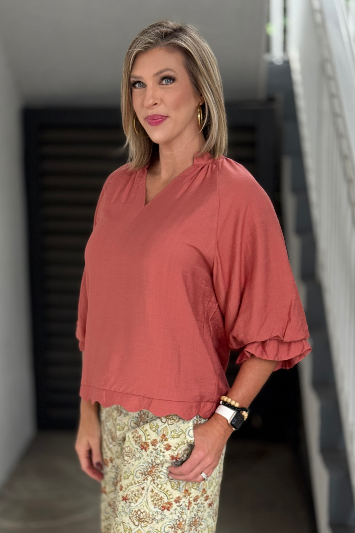 Scalloped hem balloon sleeve blouse in Canyon Clay