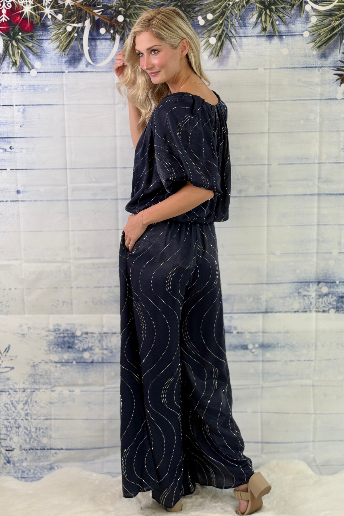 Dressy navy holiday pants with string belt
Women’s lined rhinestone wide leg pants 