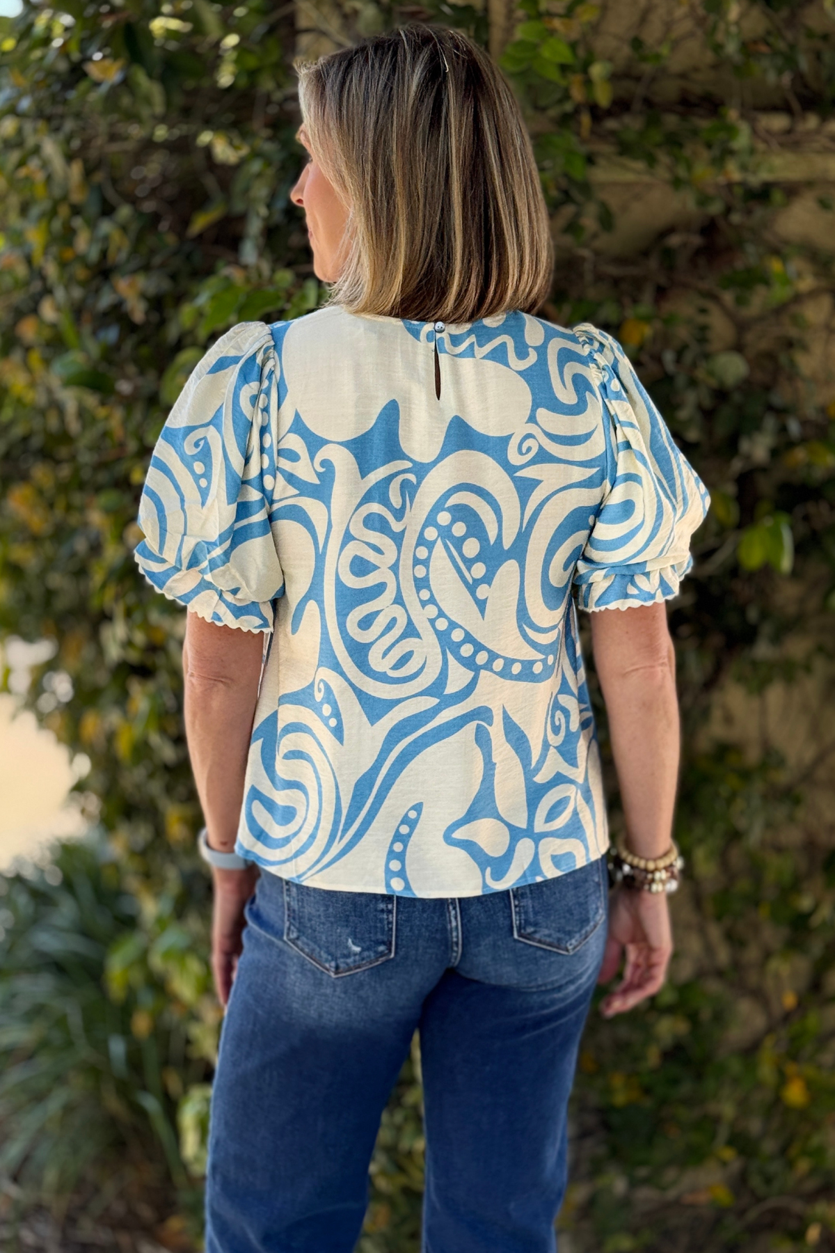 casual blue statement blouse with print