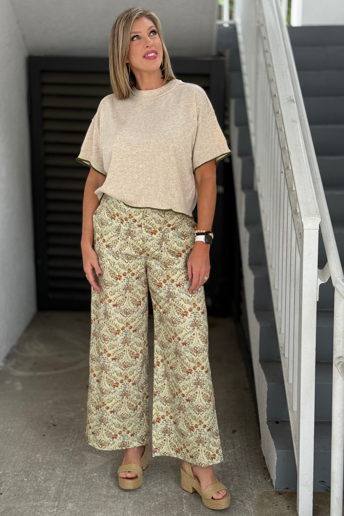 Paisley Wide Leg Pants in Stone with rust and olive print front view
