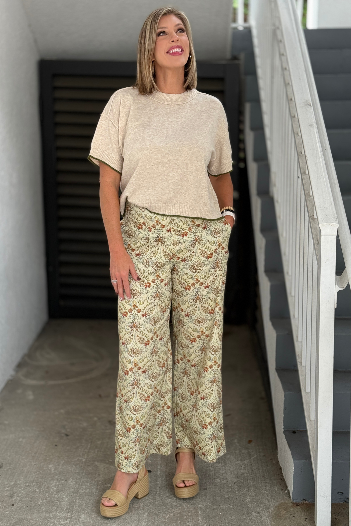 Women’s stone paisley wide leg pants with oatmeal sweater
